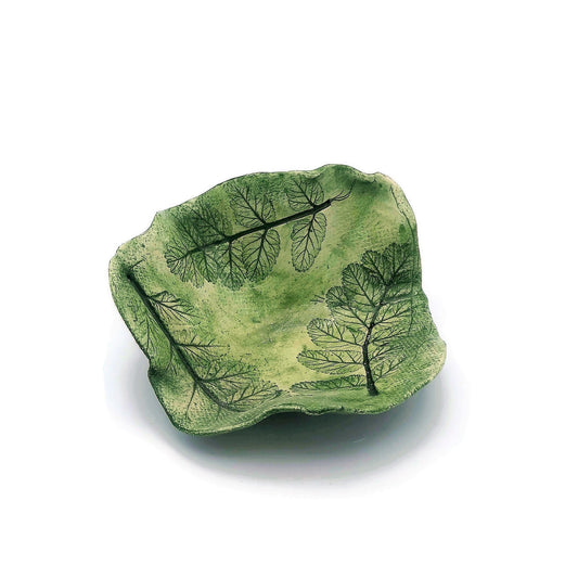 Handmade Ceramic Bowl Irregular Ring Holder, Green Engraved Leaves Organic Portuguese Pottery For Home Decor, Small Unique Decorative Tray - Ceramica Ana Rafael