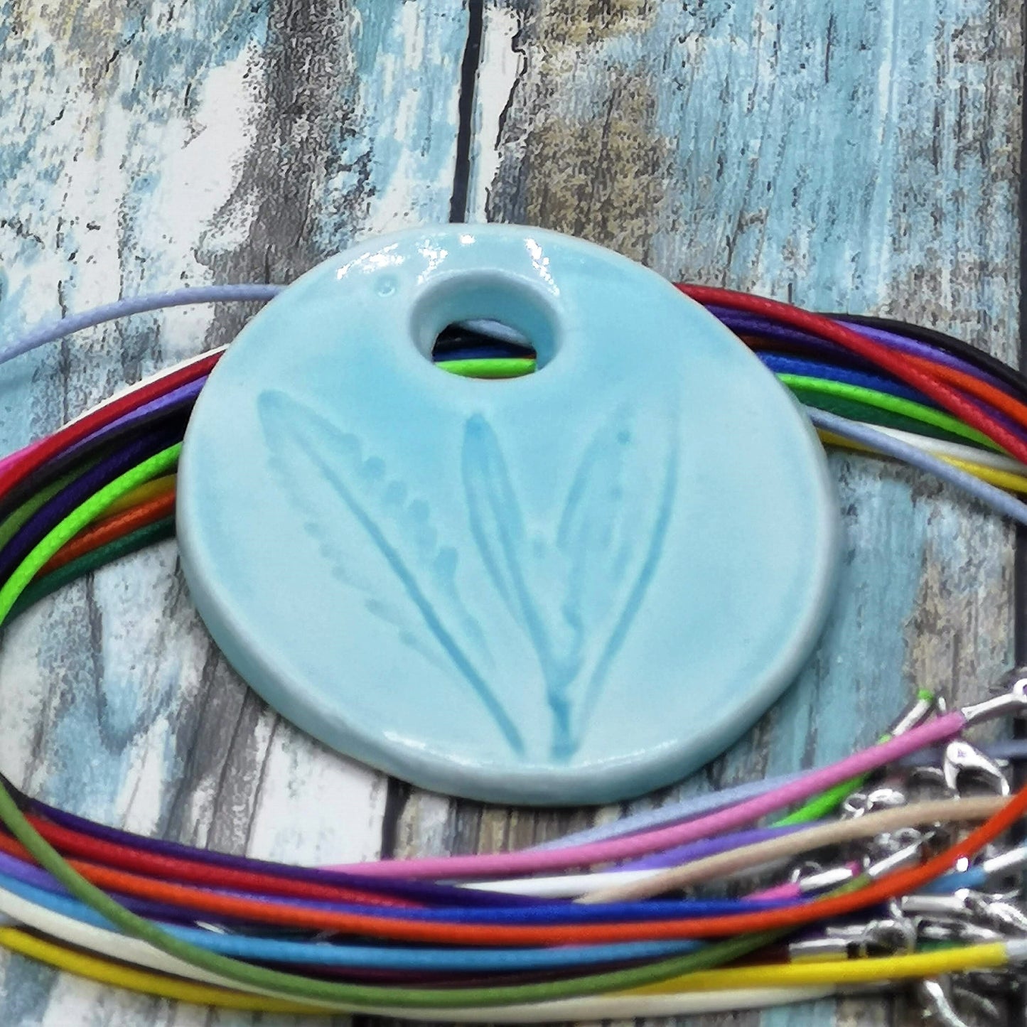 Large Necklace Pendant For Jewelry Making, Turquoise Blue Pressed Lavender Leaves Eclectic Ceramic Charms, Artisan Statement Pendant - Ceramica Ana Rafael