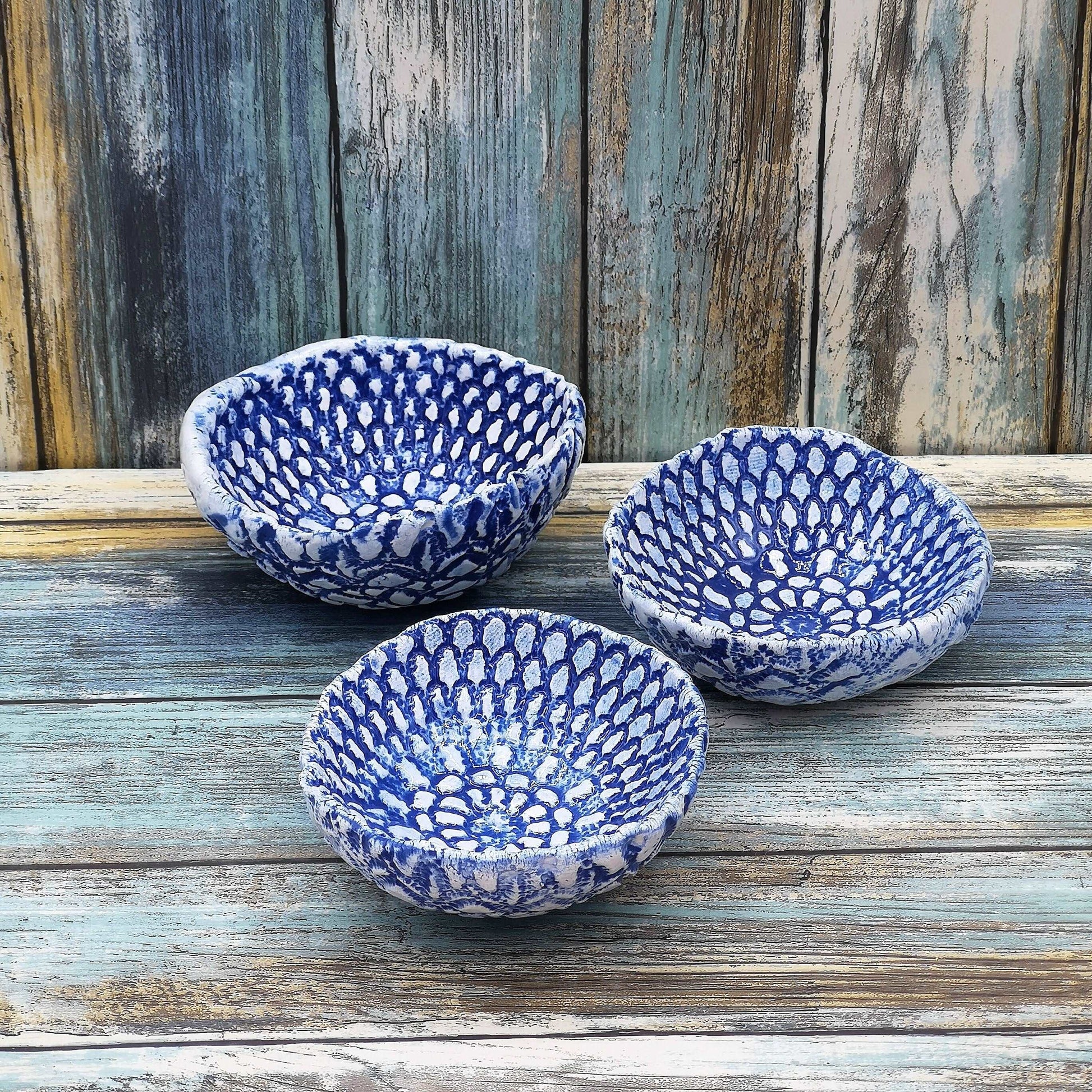 3Pc Handmade Ceramic Lace Texture Blue Trinket Bowl, Clay Ring Dish Bridal Shower Favors, Mothers Day Gift From Daughter Best Seller - Ceramica Ana Rafael