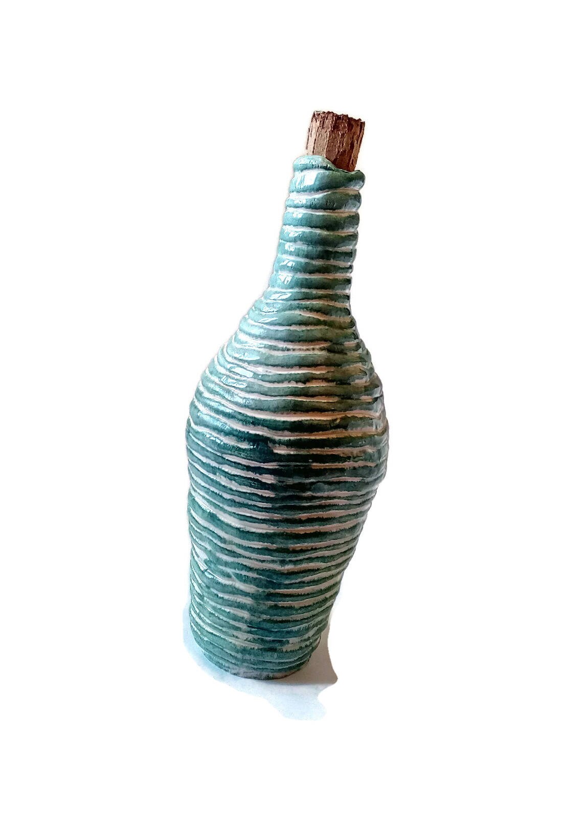 Handmade Ceramic Decorative Bottle With Cork Stopper, Housewarming Gift First Home, Green Irregular Shaped Vase Textured - Ceramica Ana Rafael