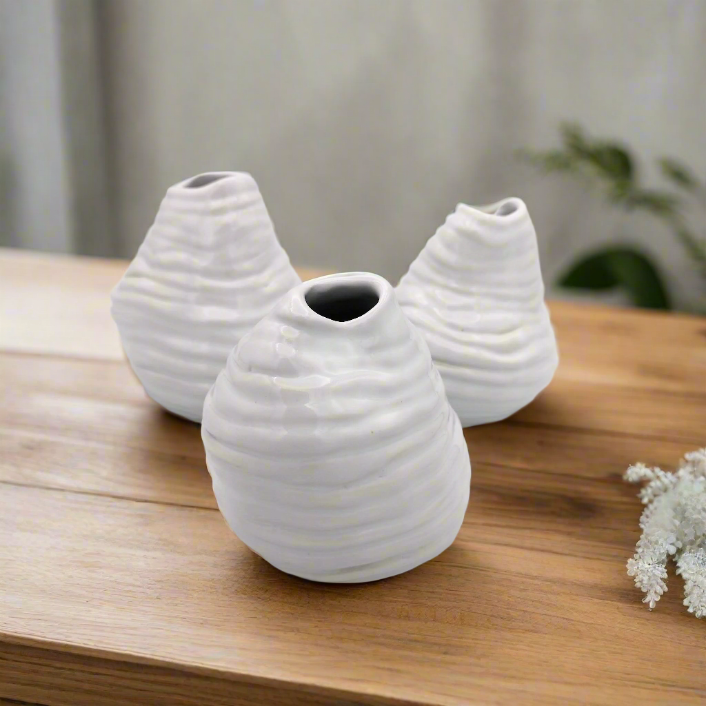 Set of 3 Handmade White Ceramic Vases | Irregular Shaped Pottery Sculpture | Abstract Ceramic Vessel for Home Decor | Unique Gift for Mom, Anniversary, or Birthday