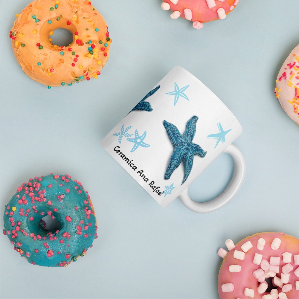 Taza de cerámica hecha a mano azul con decoración de estrella de mar, taza de café grande de 11 oz, los mejores regalos de cumpleaños tropicales para los amantes del mar