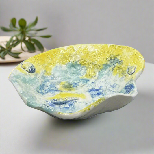 Blue and Yellow Decorative Bowl – Hand Painted Ceramic Centerpiece