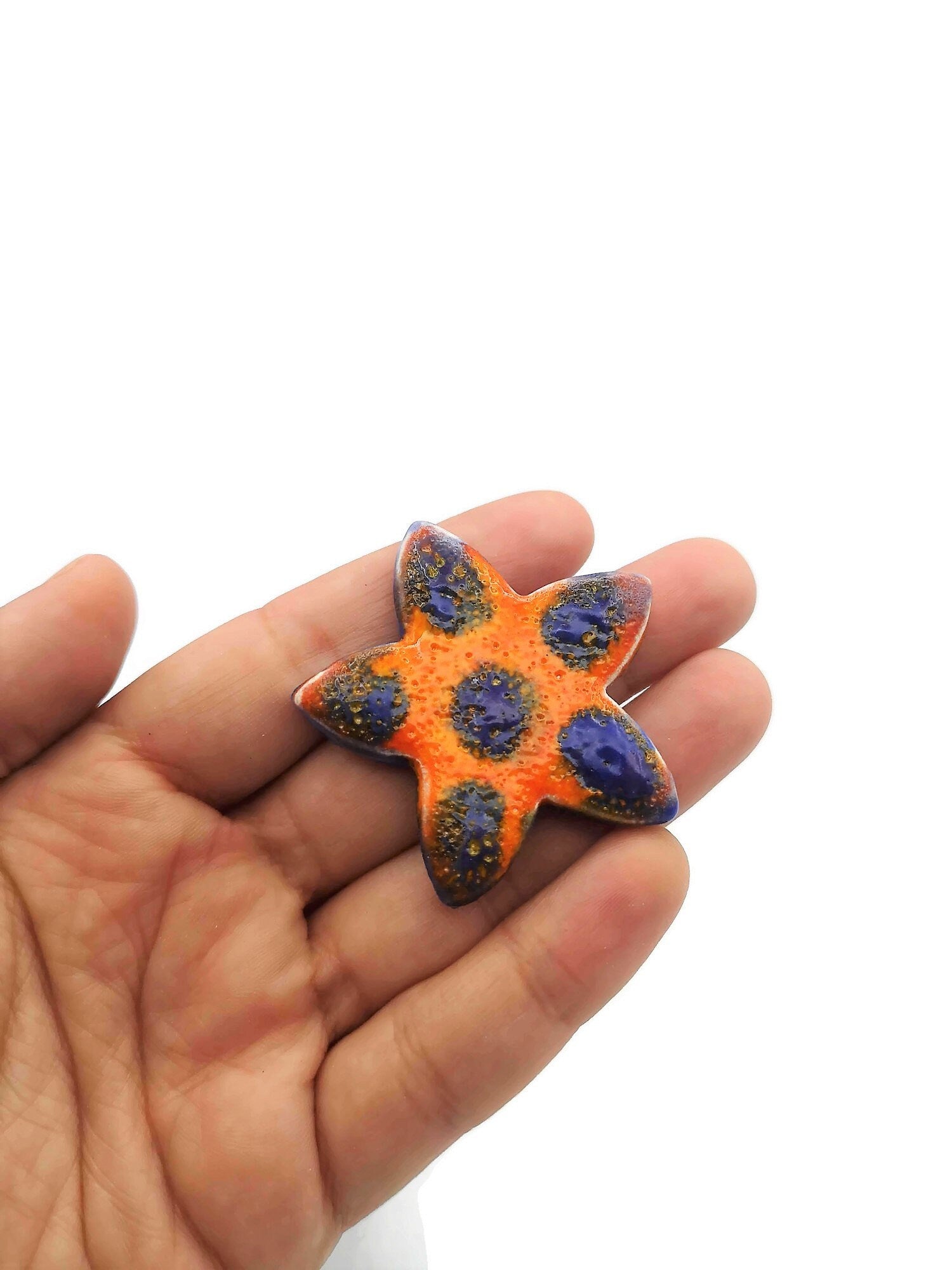 Large Flower Brooch For Women, Celestial Statement Brooch, Handmade Ceramic Star Jewelry For Her, Orange And Blue Broach Pin - Ceramica Ana Rafael