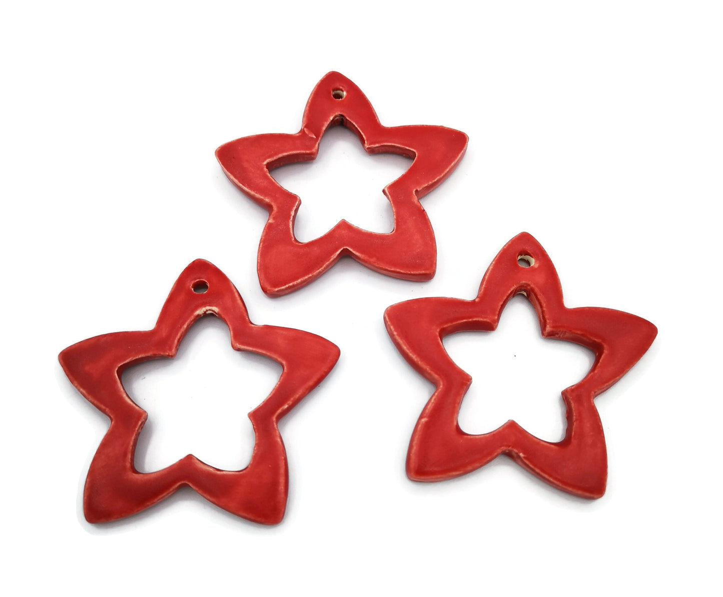 3Pc Handmade Ceramic Red Star, Hollow Star Ornaments for Christmas Tree Or Wall Decor, Clay Ornaments, Both Sides Glazed - Ceramica Ana Rafael