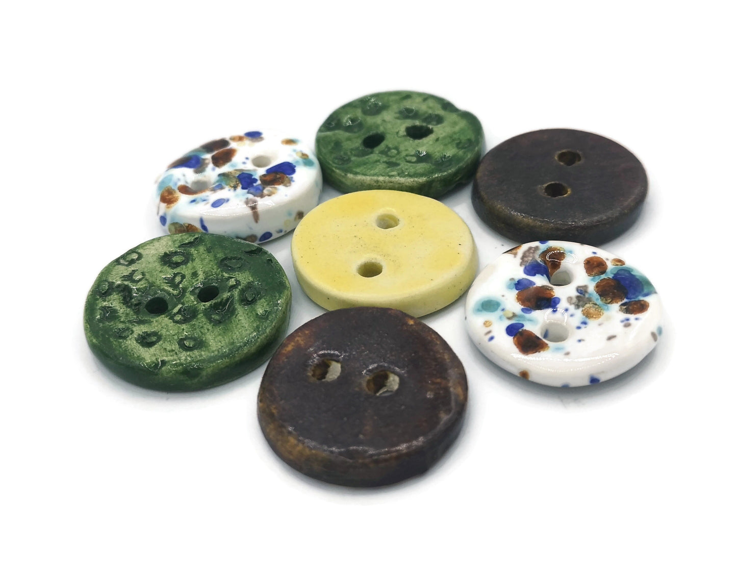 7Pc 30mm Round Buttons Set, Coat buttons, Handmade Ceramic Clothing Finishes Sewing Buttons Lot, Unusual Clay Buttons Hand Painted - Ceramica Ana Rafael
