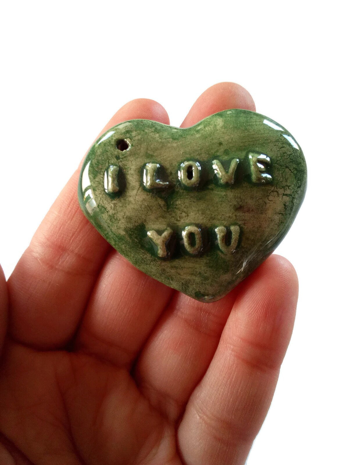 green heart pendant, i love you heart, pocket hug, birthday gift from wife, cute gifts for boyfriend birthday, distance gifts for sister - Ceramica Ana Rafael