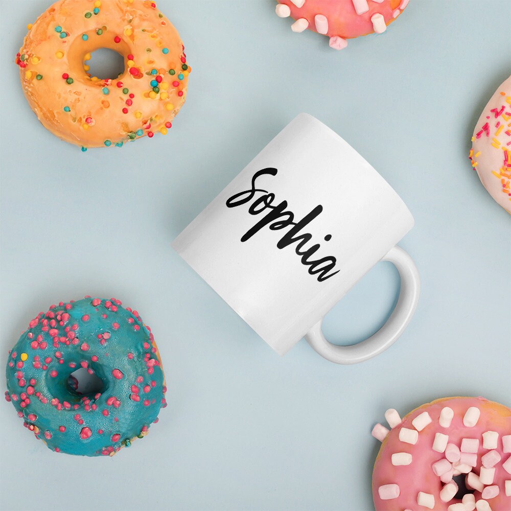 Taza de cerámica con nombre personalizado para mujer, taza grande con forma de hongo, regalos personalizados para ella, taza blanca con diseño impreso en negro y rojo