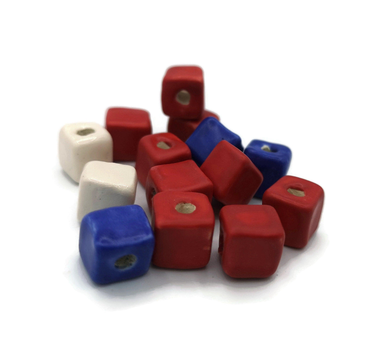 14 Pc Square Ceramic Beads Set, Assorted Royal Blue Red And White Porcelain Beads 10mm, Handmade Clay Jewelry Making Beads - Ceramica Ana Rafael
