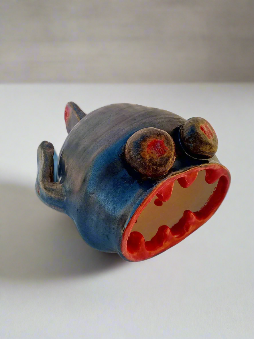 Handmade Ceramic Fish Sculpture – Modern Animal Figurine, Silver Black & Red Fish Art