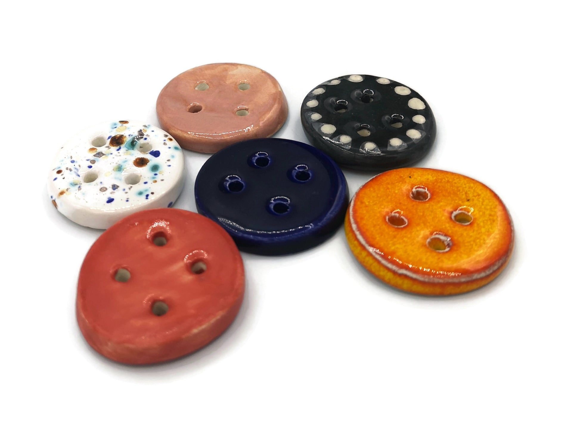 6Pc 40mm Glazed Extra Large Clay Sewing Buttons, Assorted Handmade Ceramic Buttons, Unique Strange And Unusual 4-hole Flat Back Buttons - Ceramica Ana Rafael