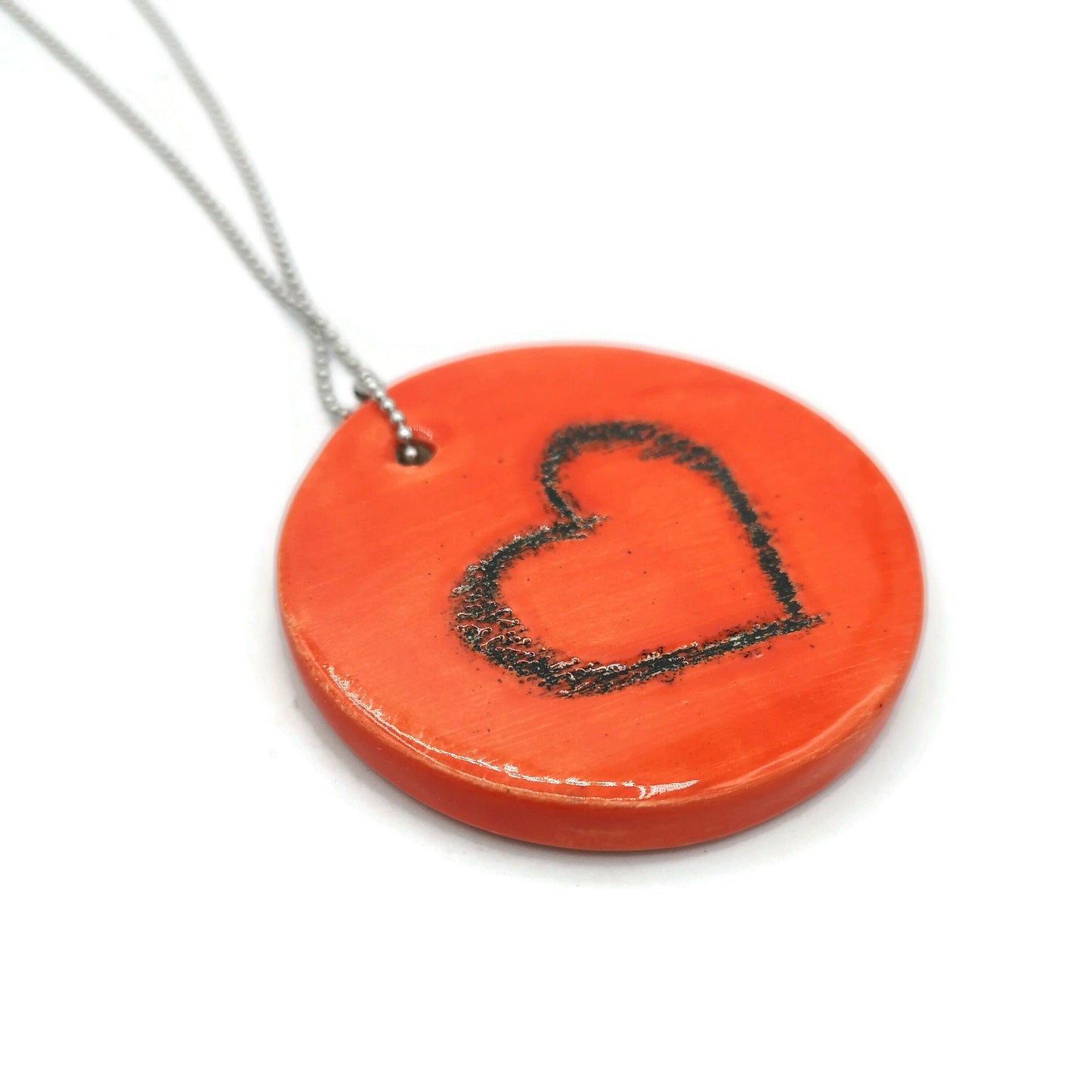 Handmade Ceramic Red Heart Necklace Pendant For Her, Cute Round Pendant, Boho Aesthetic Everyday Necklace, Mothers Day Gift Idea - Ceramica Ana Rafael