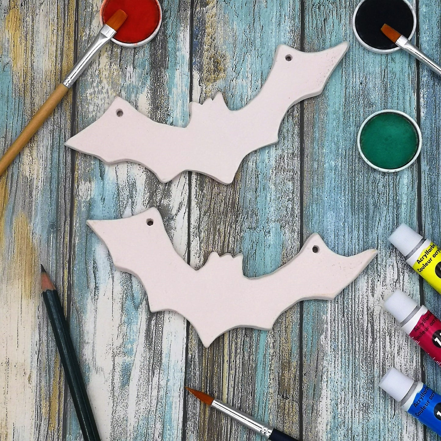 Bat Decor Wall Hanging, set of 2 Clay Ornaments Blank, Halloween Handmade Ceramic Bisque Ready To Paint, Best Sellers Diy Craft Kit - Ceramica Ana Rafael