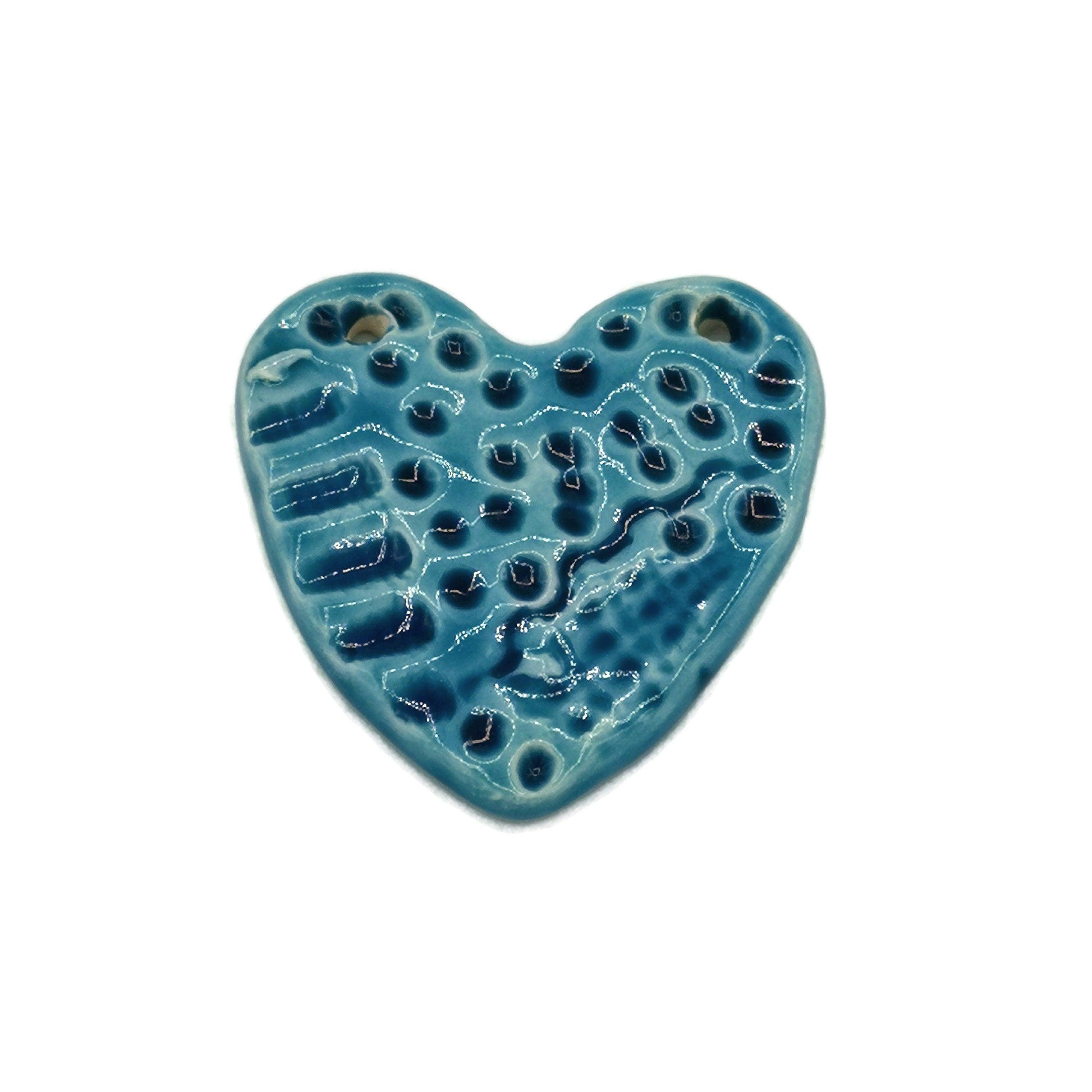 1Pc 55mm Handmade Ceramic Large Blue Heart Pendant For Necklace For Women, Jewelry Making Accessories, 2 Holes Unique Textured Clay Charms - Ceramica Ana Rafael
