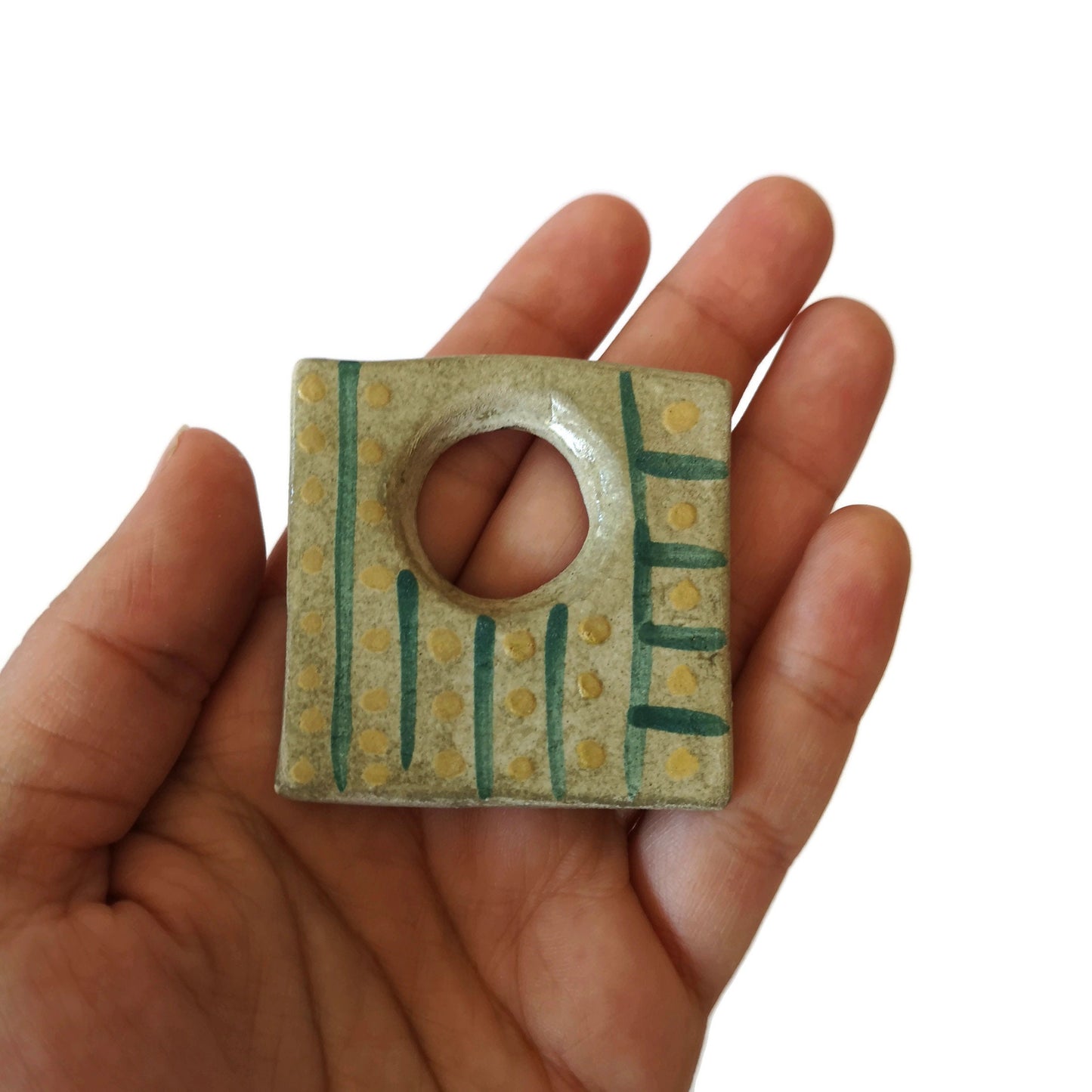 Unique Extra Large Square Necklace Pendant For Statement Jewelry Making, Aesthetic Handmade Ceramic Charm Hand Painted Green And Yellow Clay - Ceramica Ana Rafael