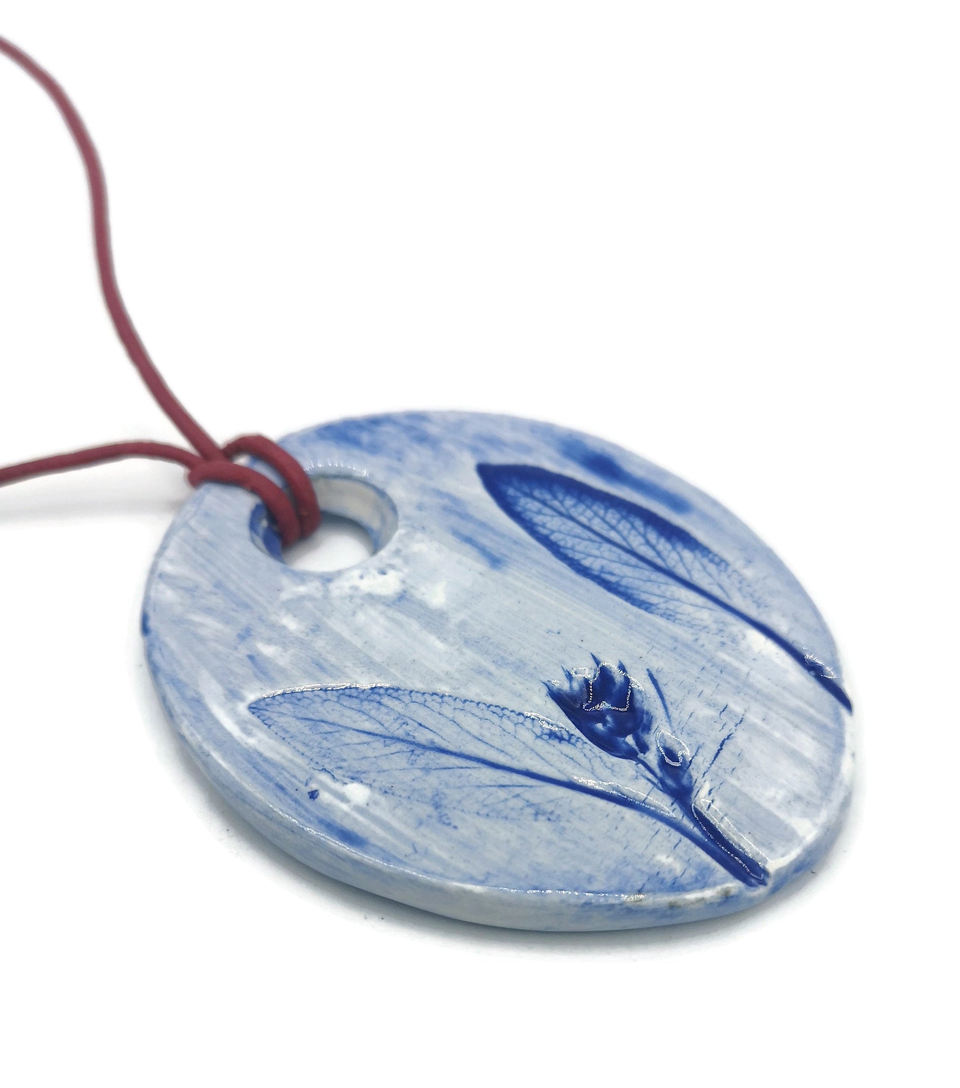 Extra Large Necklace Pendant For Statement Jewelry Making, Blue Handmade Ceramic Leaf Design Charm For Women, Unique Clay Charms - Ceramica Ana Rafael