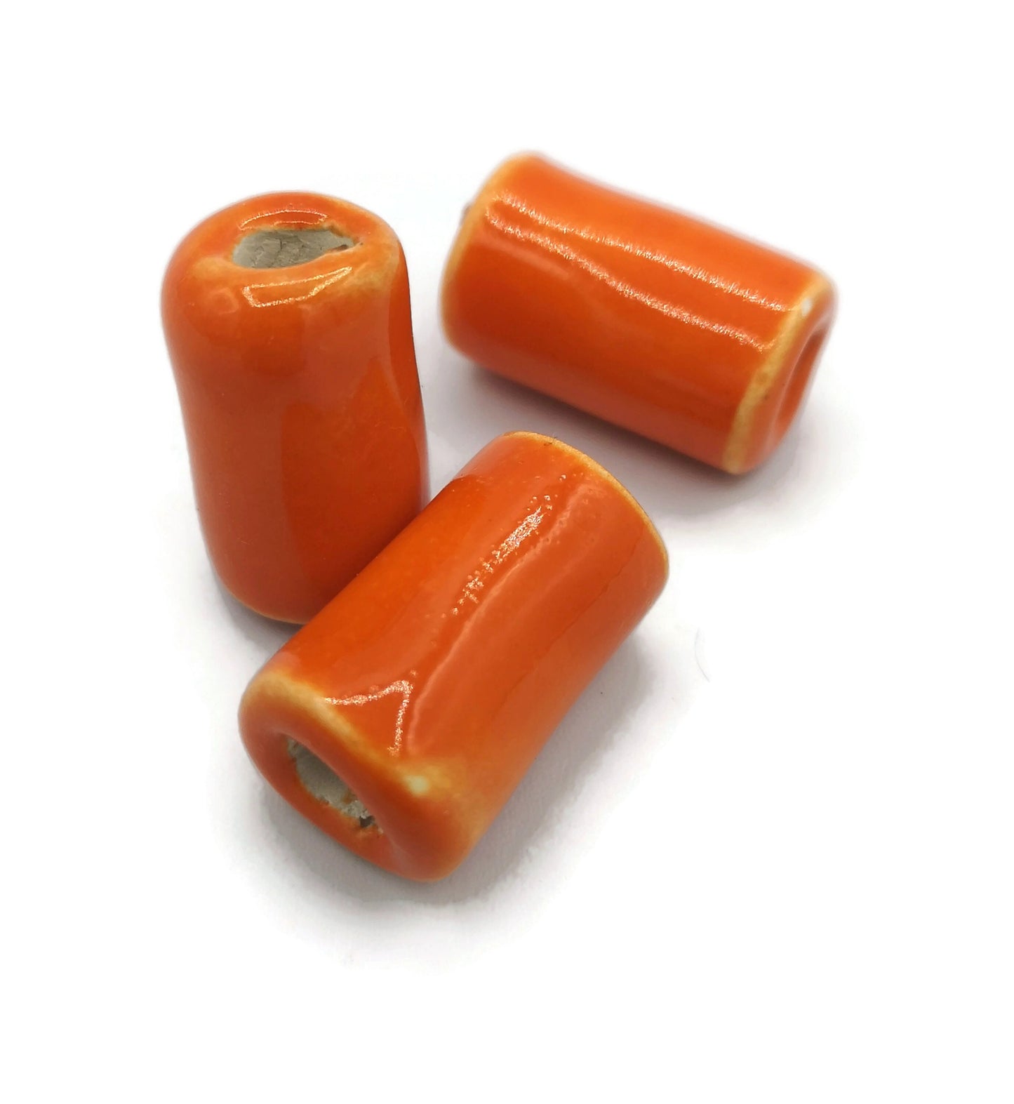 3 Stück 25 mm orange extra große handgefertigte Keramik-Röhrenperlen zur Schmuckherstellung, Makramee-Perlen, großes Loch, 5 mm lange Tonperlen für DIY-Bastelarbeiten