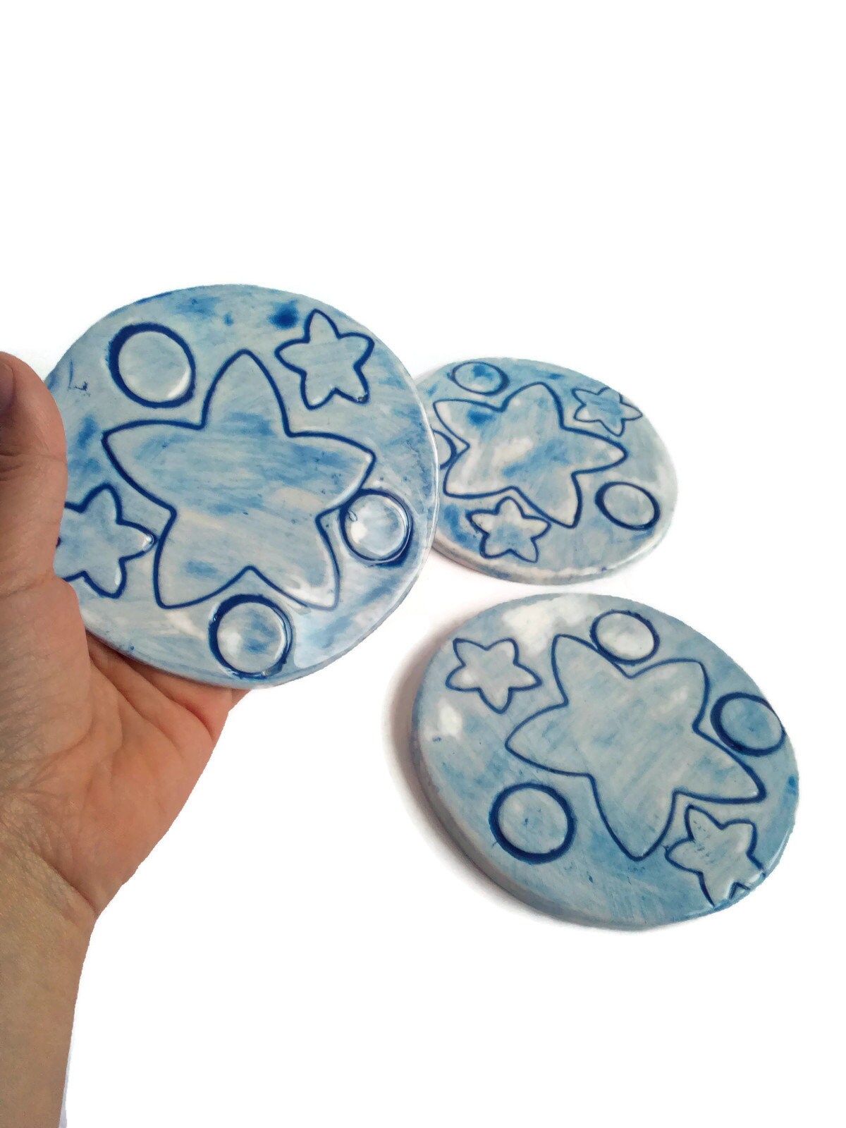 3Pc Blue Handmade Ceramic Coaster Tiles With Stars Design For Office Desk, Modern Celestial Style Coasters With Cork Back - Ceramica Ana Rafael