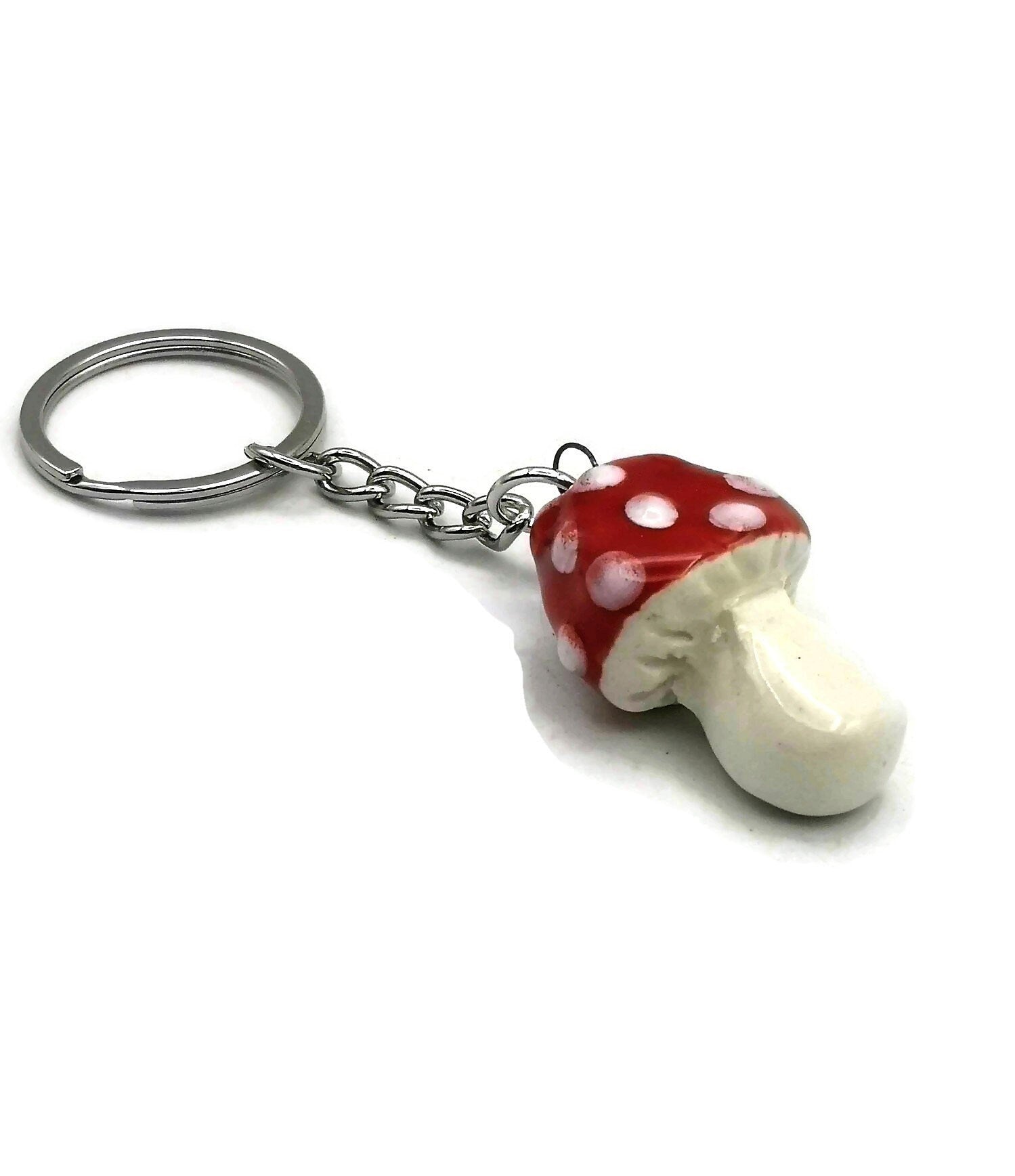 Handmade Ceramic Red Mushroom Keychain For Women, Cut Mushroom Charm Key Chain Gift For Her, Unique Artisan Cottagecore Accessories - Ceramica Ana Rafael