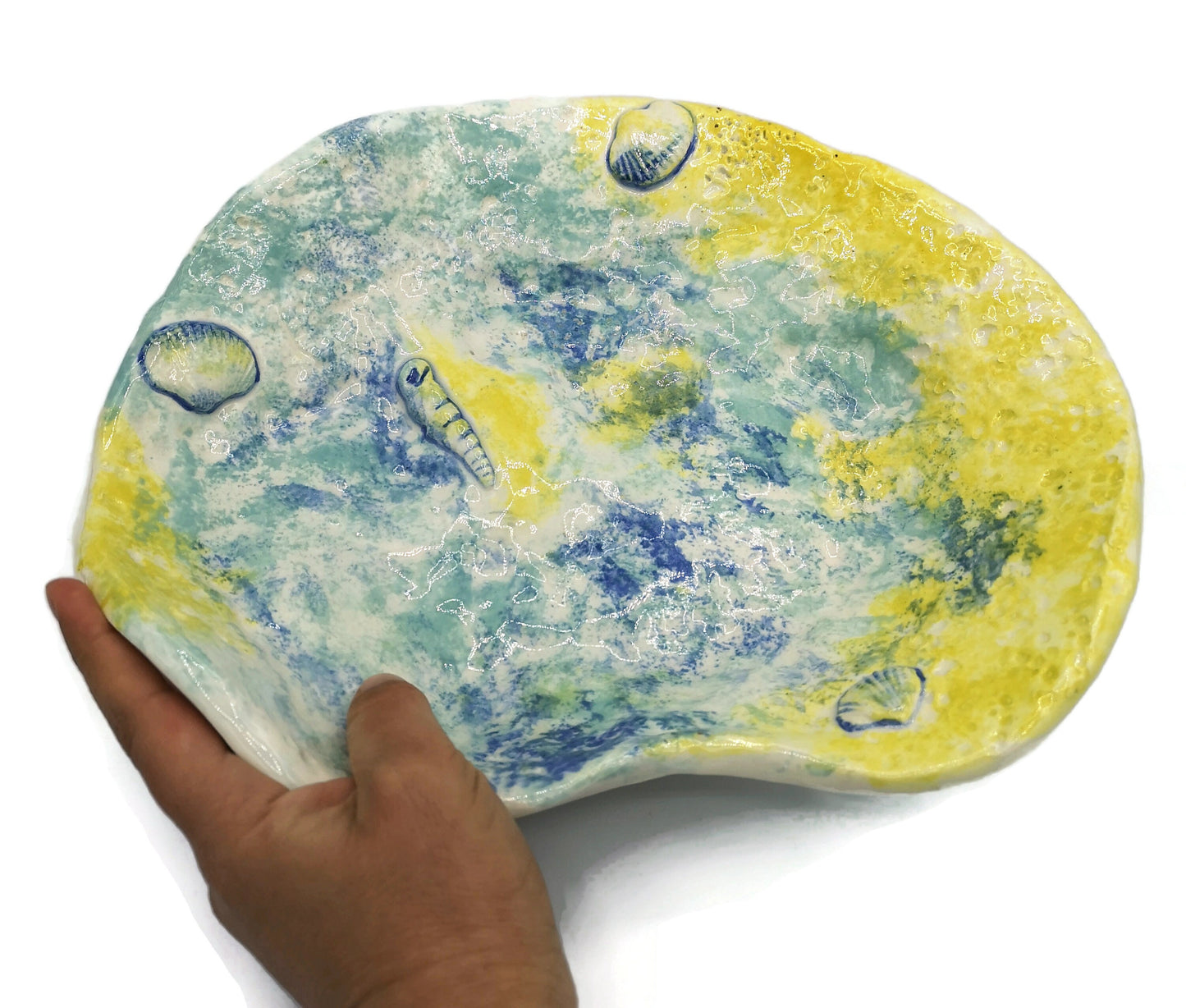Decorative Bowl, Hand Painted Key Bowl Beach Themed Decor, Handmade Ceramic Bowl, Boho Bathroom Decor, Large Centerpiece Bowl - Ceramica Ana Rafael