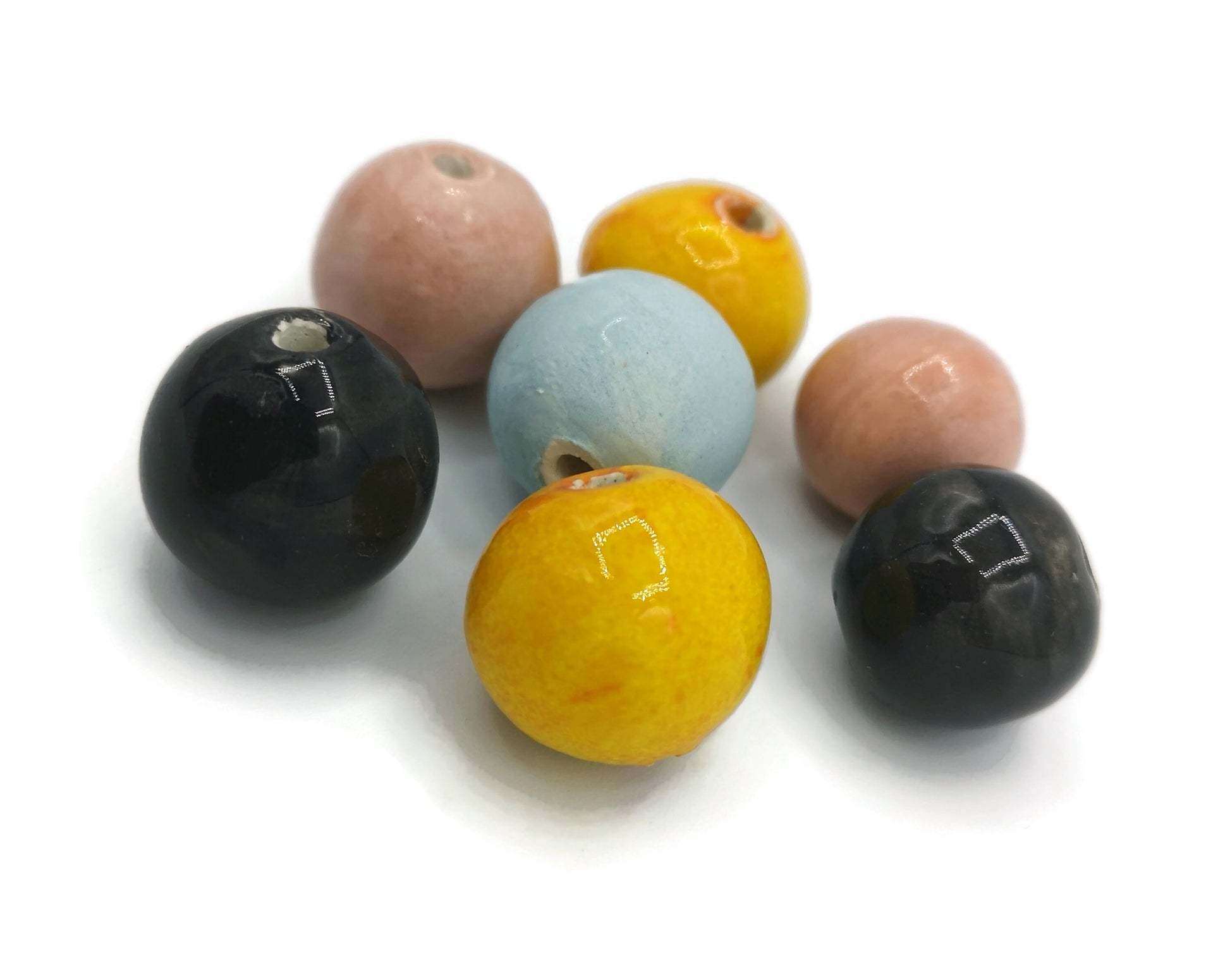 7Pc Round Mixed Handmade Ceramic Beads, Unique Beads, Bubblegum Beads, Decorative Clay Beads for Jewelry Making And Crafts, Colorful Beads - Ceramica Ana Rafael