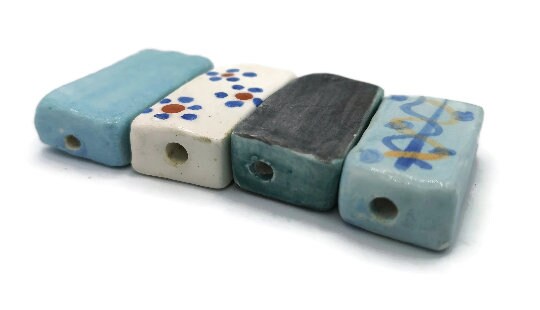 4Pc 35mm Extra Large Handmade Ceramic Rectangle Beads For Jewelry Making, Mixed Clay Beads hand Painted, Unique Decorative Macrame Beads - Ceramica Ana Rafael