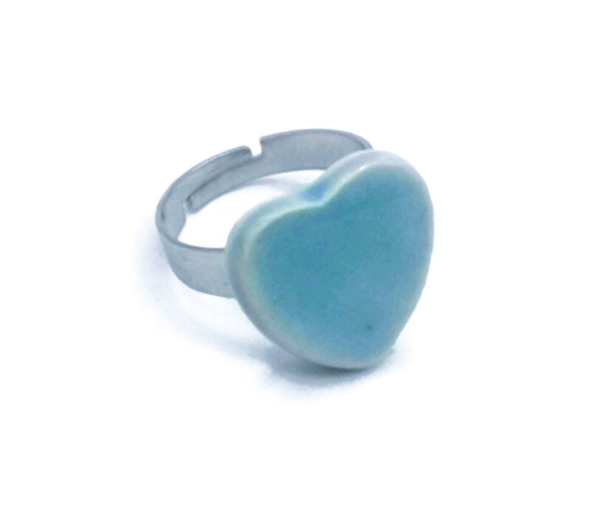 Handmade Ceramic Turquoise Blue Heart Statement Ring For Women, Stainless Steel Adjustable Ring, Porcelain 9th Anniversary Gifts For Her - Ceramica Ana Rafael