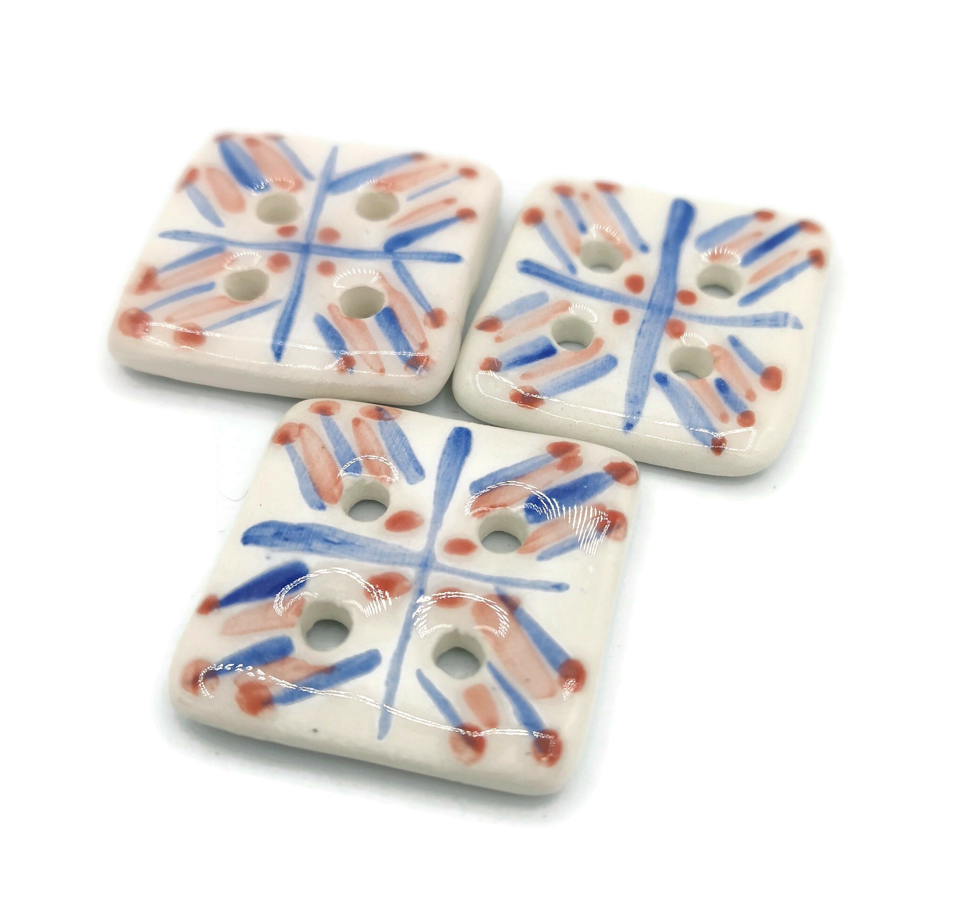 3Pcs 30mm Extra Large Buttons Square Shaped Fancy Clay Buttons, Handmade Ceramic Jacket Cute Buttons For Blouse, Hand Painted Coat Buttons - Ceramica Ana Rafael