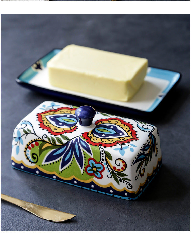 Handpainted Ceramic Butter Dish with Floral Motifs – Elegant Kitchen Accessory