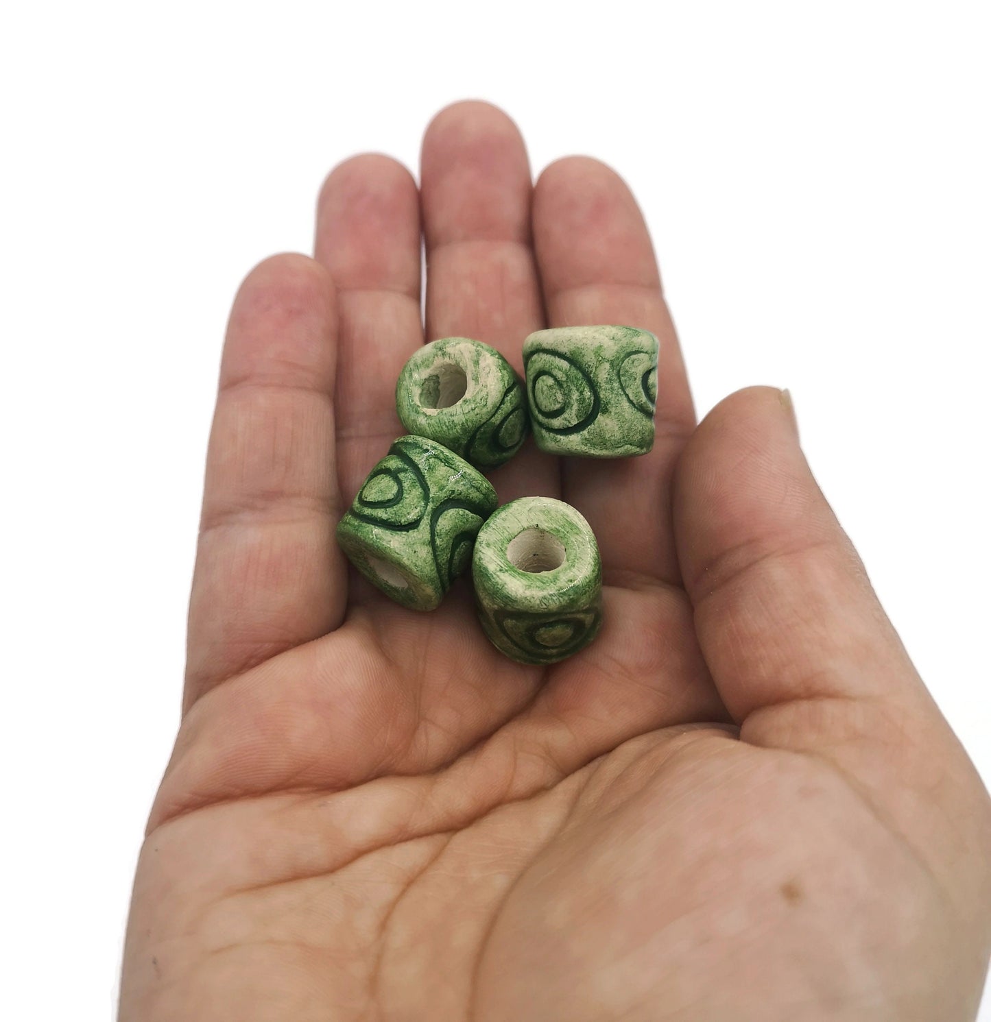 4Pc 15mm Green Macrame Tube Beads Large Hole, Barrel Beads For Jewelry Making, Handmade Ceramic Beads For Decorating Or Crafting, Clay Beads - Ceramica Ana Rafael