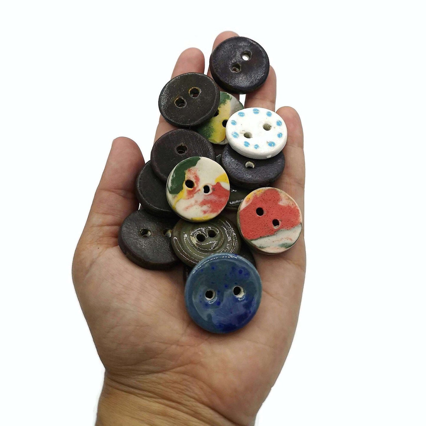 14Pc 25mm/1in Large Sewing Buttons Lot, Assorted 25mm Flatback Sew Fasteners, Handmade Ceramics Coat Button For Crafts