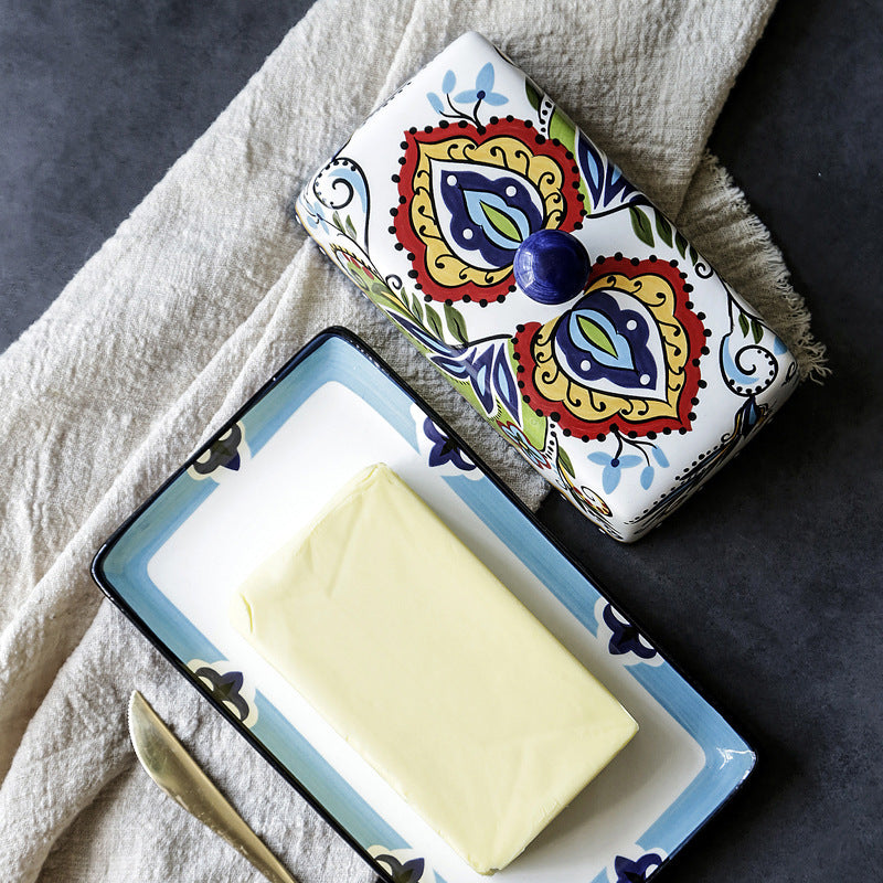 Handpainted Ceramic Butter Dish with Floral Motifs – Elegant Kitchen Accessory