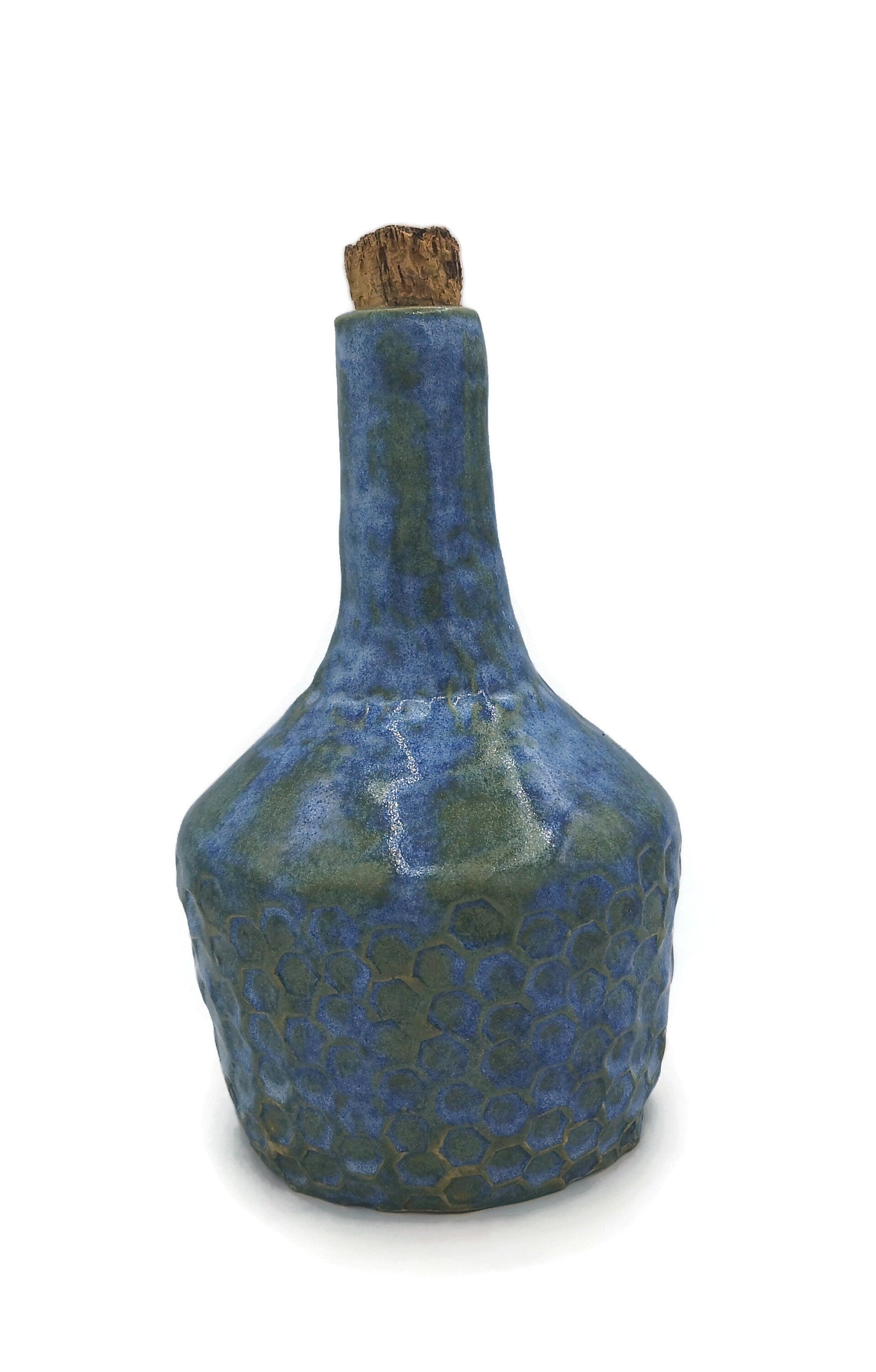 Blue Handmade Ceramic Bottle With Decorative Natural Cork Stopper, Sculptural Vase Honneycomb Texture For Rustic Home Decor - Ceramica Ana Rafael