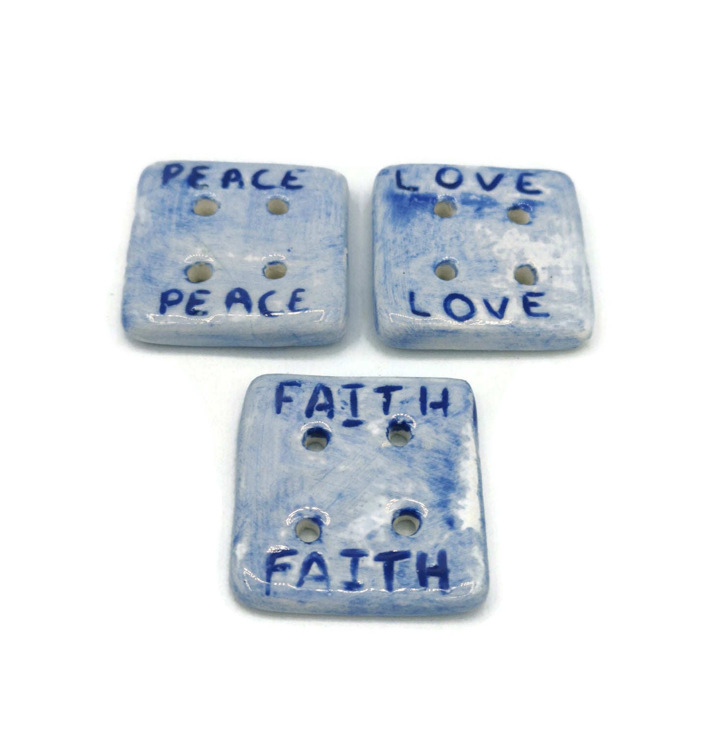 3Pc Extra Large Square Blue Ceramic Sewing Buttons Lot, Novelty Decorative Positive Words Sewing Supplies And Notions, Cute Gifts For Her - Ceramica Ana Rafael