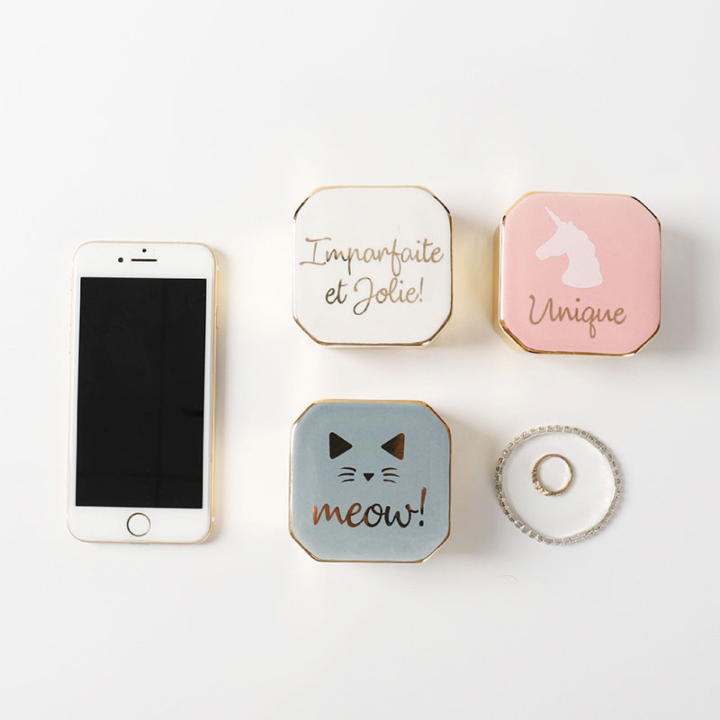 Square Ceramic Jewelry Box | 7x7cm Gift Box | Cat, Unicorn, Golden Lid