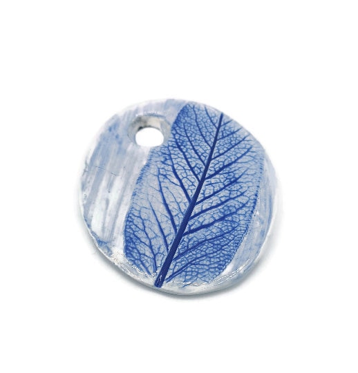 Extra Large Necklace Pendant For Statement Jewelry Making, Blue Handmade Ceramic Leaf Design Charm For Women, Unique Clay Charms - Ceramica Ana Rafael