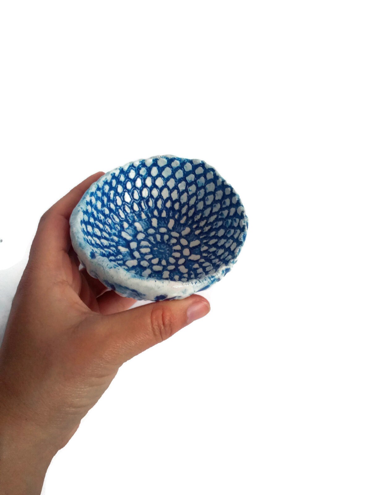 3Pc Handmade Ceramic Lace Texture Blue Trinket Bowl, Clay Ring Dish Bridal Shower Favors, Mothers Day Gift From Daughter Best Seller - Ceramica Ana Rafael