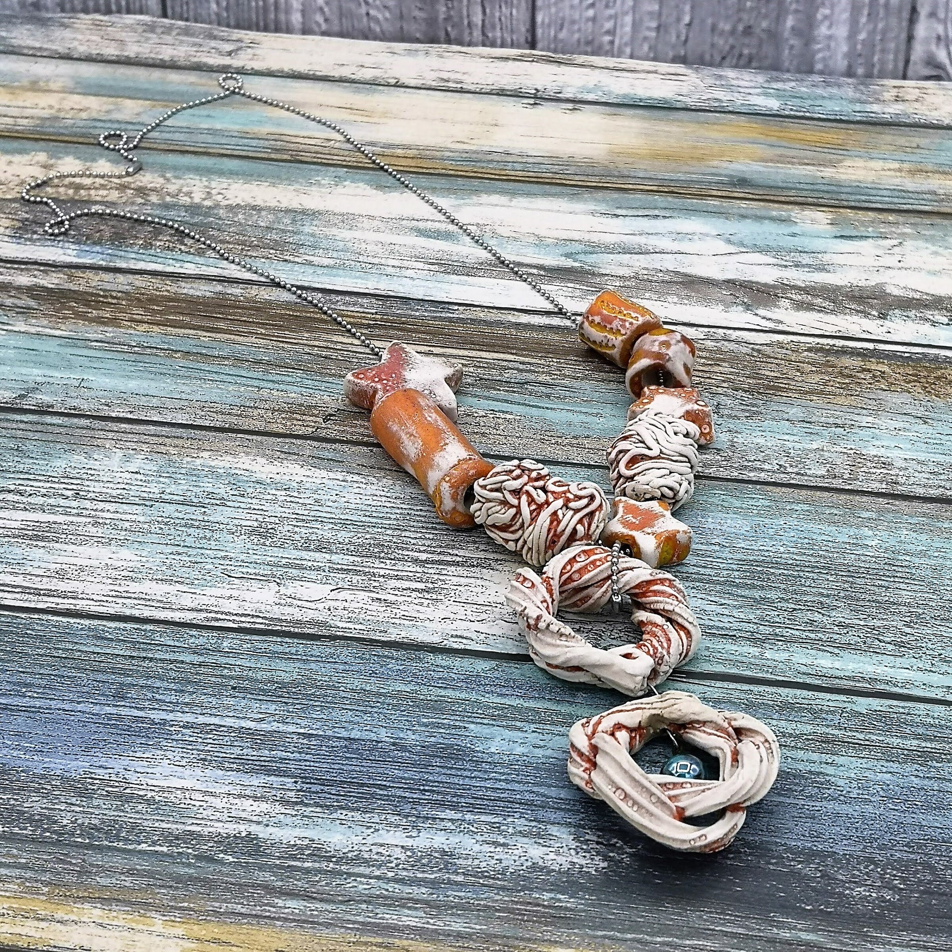 Handmade Ceramic Pendant Necklace, Chunky Beaded Necklace, Boho And Hippie Style Star Novelty Aesthetic Necklace For Womens, Weird Jewelry - Ceramica Ana Rafael