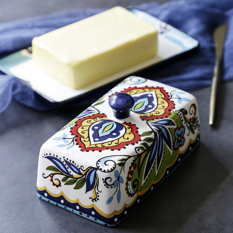 Handpainted Ceramic Butter Dish with Floral Motifs – Elegant Kitchen Accessory