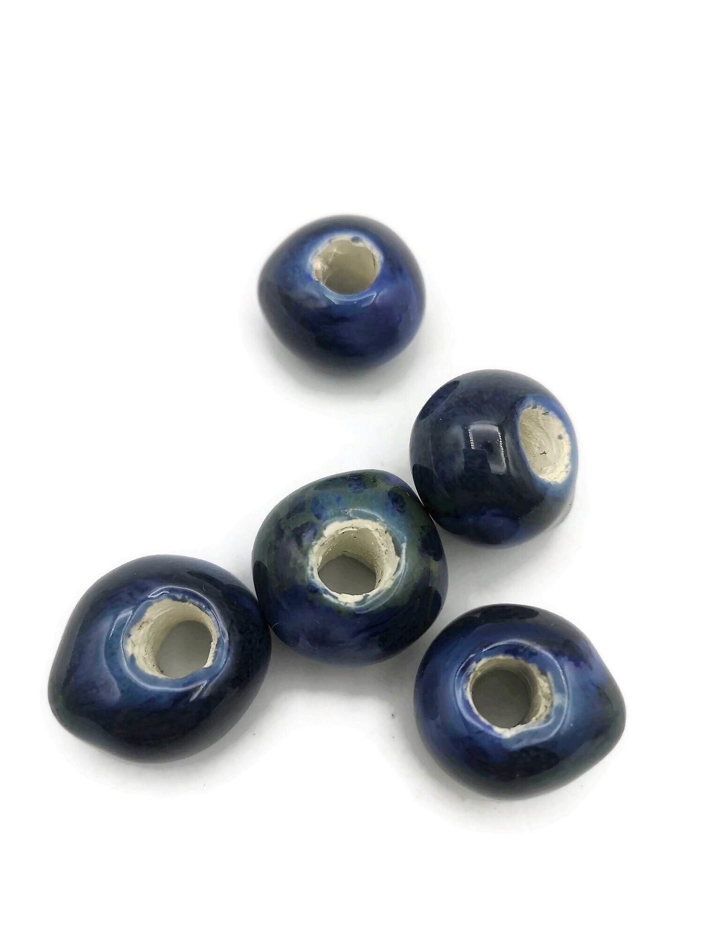 5Pc Speckled Blue Ceramic Macrame Beads, Large Hole Artisan Round Clay Beads, Handmade Unique Jewelry Making Supplies, Focal Point Beads - Ceramica Ana Rafael