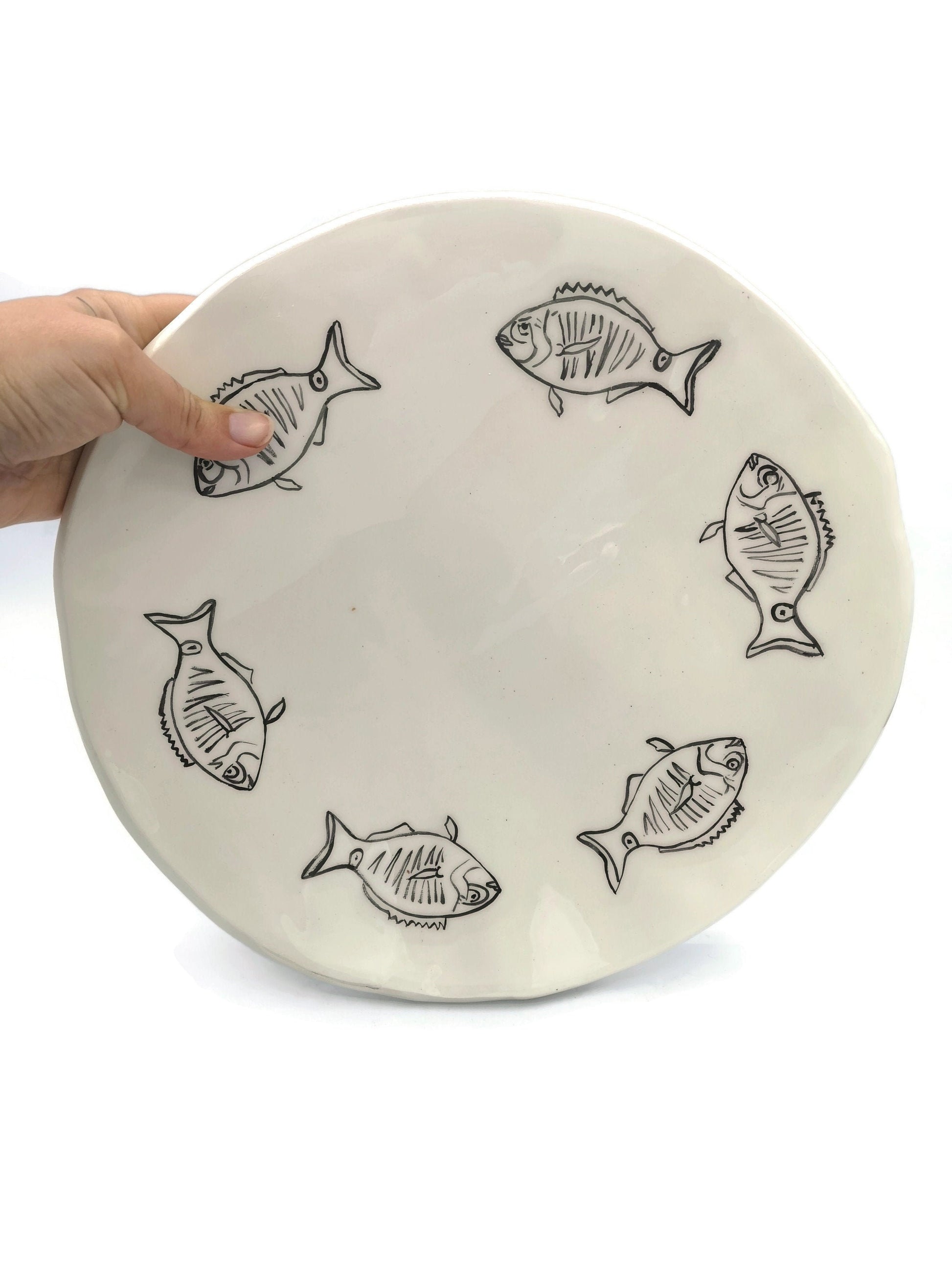 Black And White Handmade Ceramic Plate for Wall Decor, Decorative Fish Pottery, Portuguese Housewarming Gift First Home, Dining Room Decor - Ceramica Ana Rafael