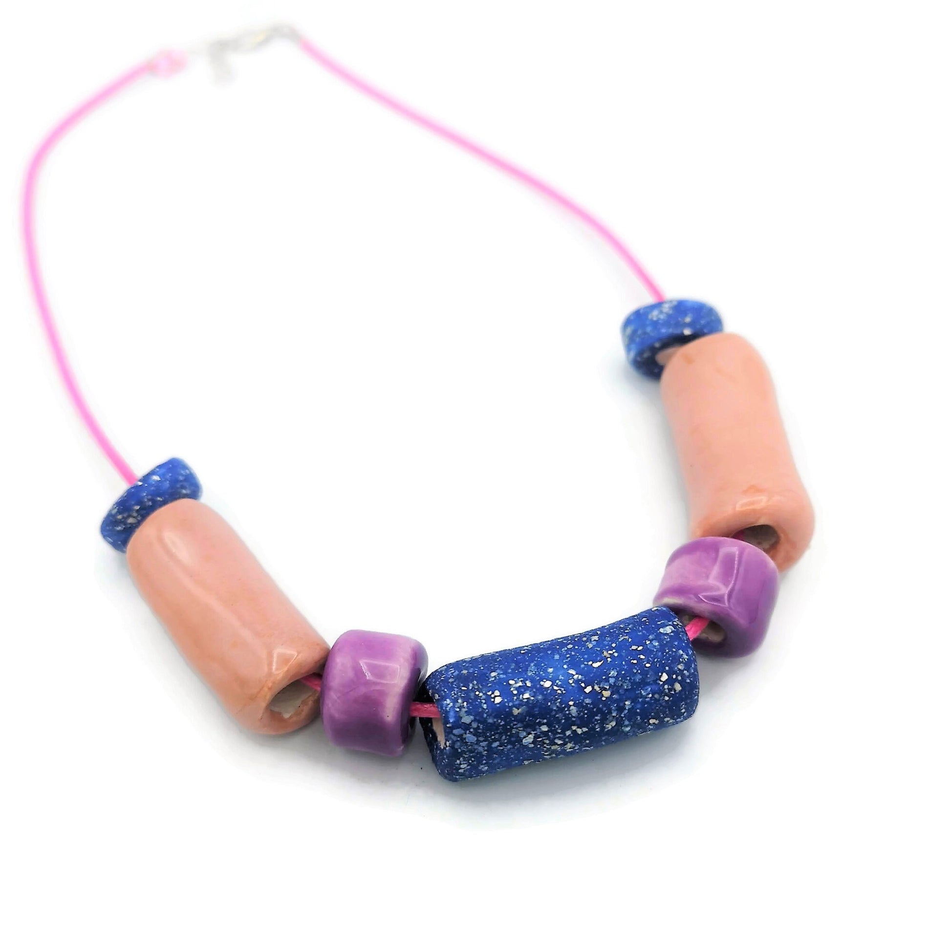 Pink and Blue Everyday Necklace, Boho Statement Necklace, Trendy Beaded Necklace Best Gifts For Her, Colorful Aesthetic Mothers Day Gift - Ceramica Ana Rafael