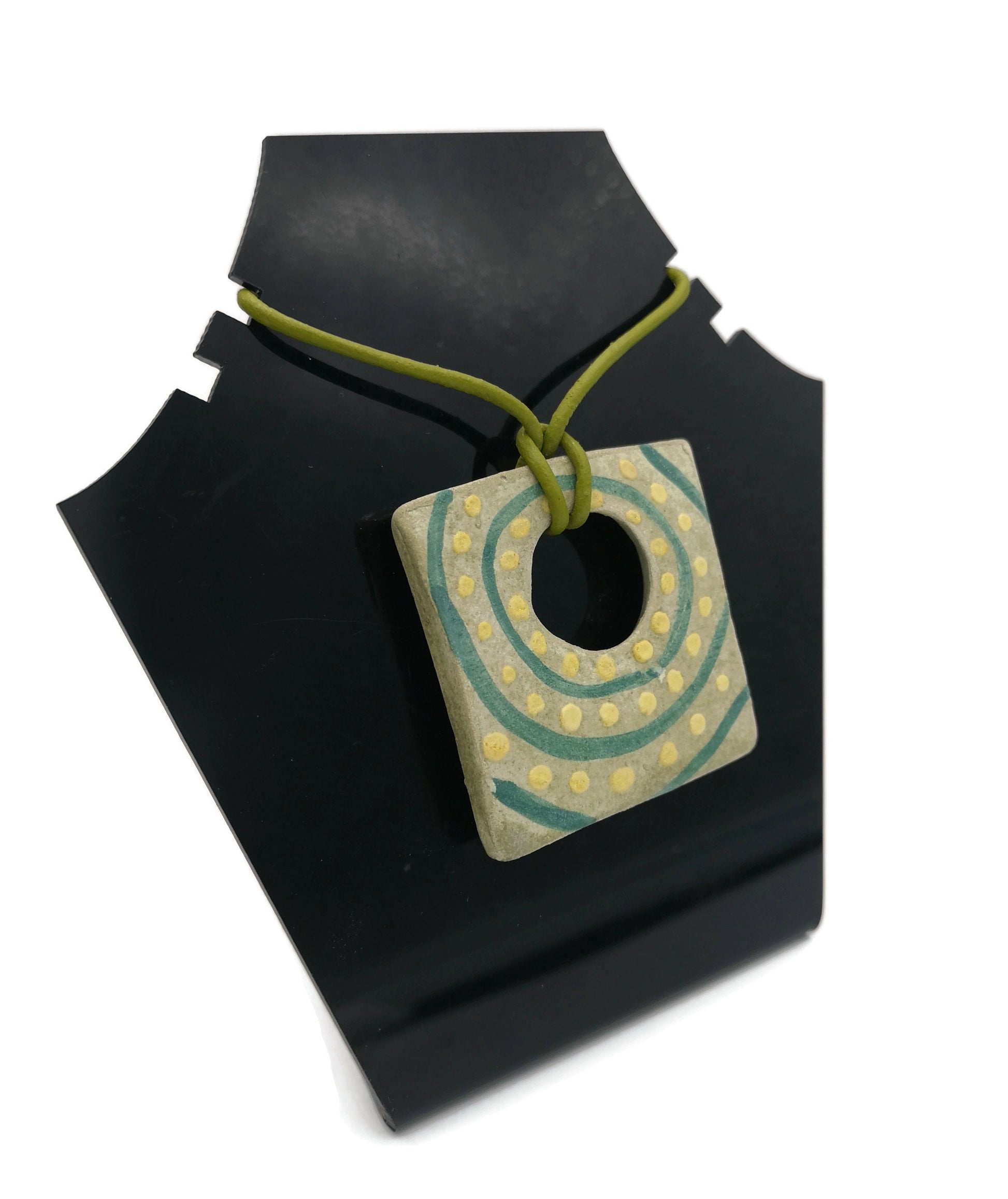 Unique Extra Large Square Necklace Pendant For Statement Jewelry Making, Aesthetic Handmade Ceramic Charm Hand Painted Green And Yellow Clay - Ceramica Ana Rafael