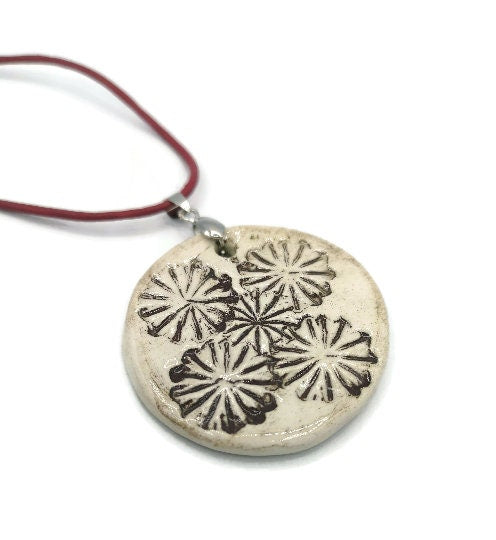 LARGE CIRCLE PENDANT For Necklace With Imprinted Poppy Design, Handcrafted Ceramic Components For Unique Jewelry Making - Ceramica Ana Rafael