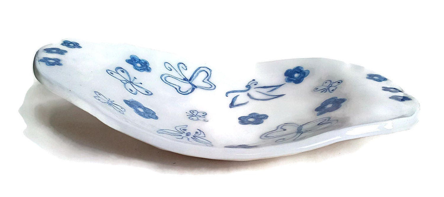 Handmade Ceramic Fruit Bowl, Large Decorative Bowl For Home Decor, White Bowl With Hand Painted Butterflies and Flowers - Ceramica Ana Rafael
