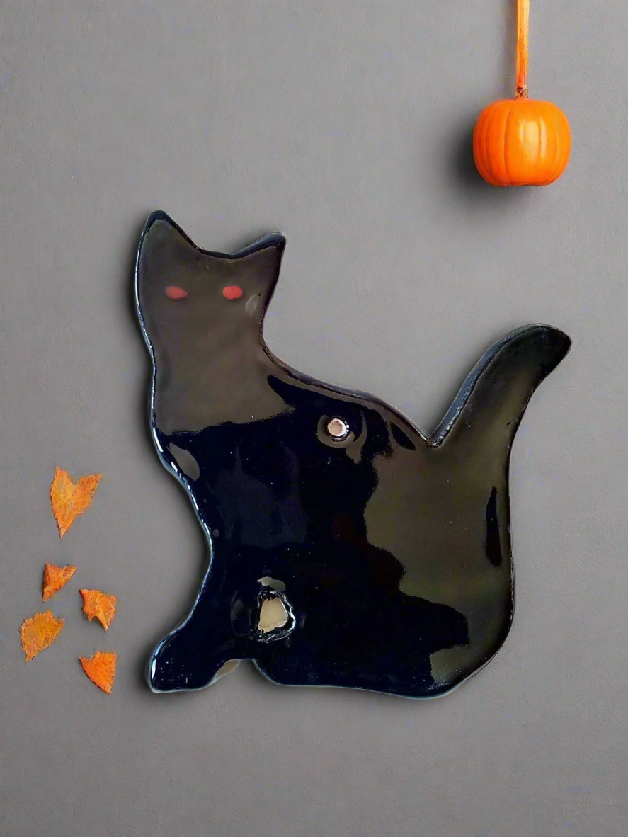 Colgante de pared de gato negro de cerámica hecho a mano de 3 piezas, regalo de amante de los gatos para mamá, regalo de gato de la suerte para mujeres, adorno de Halloween, arte de pared de gato más vendidos