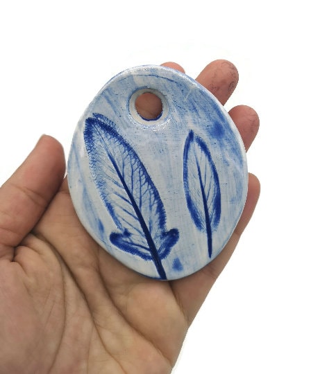 Extra Large Necklace Pendant For Statement Jewelry Making, Blue Handmade Ceramic Leaf Design Charm For Women, Unique Clay Charms - Ceramica Ana Rafael