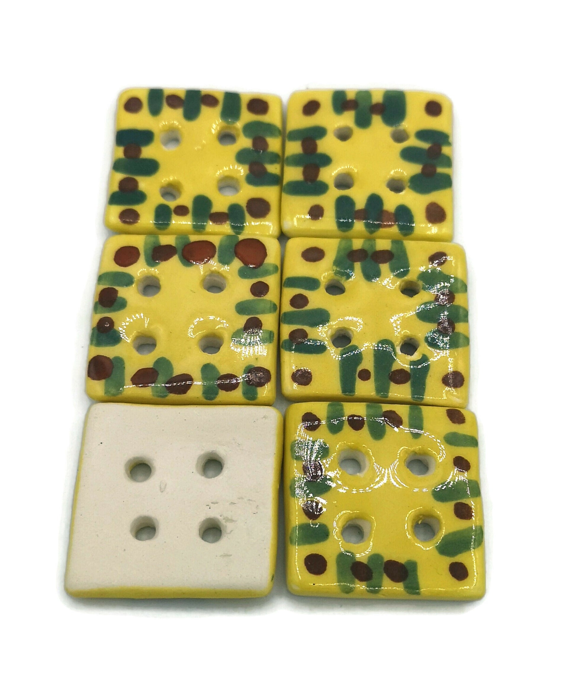 6Pc 30mm Extra Large Square Sewing Buttons Hand Painted, Handmade Ceramic Novelty Buttons For Coat Or Crafts, Yellow Custom Buttons - Ceramica Ana Rafael