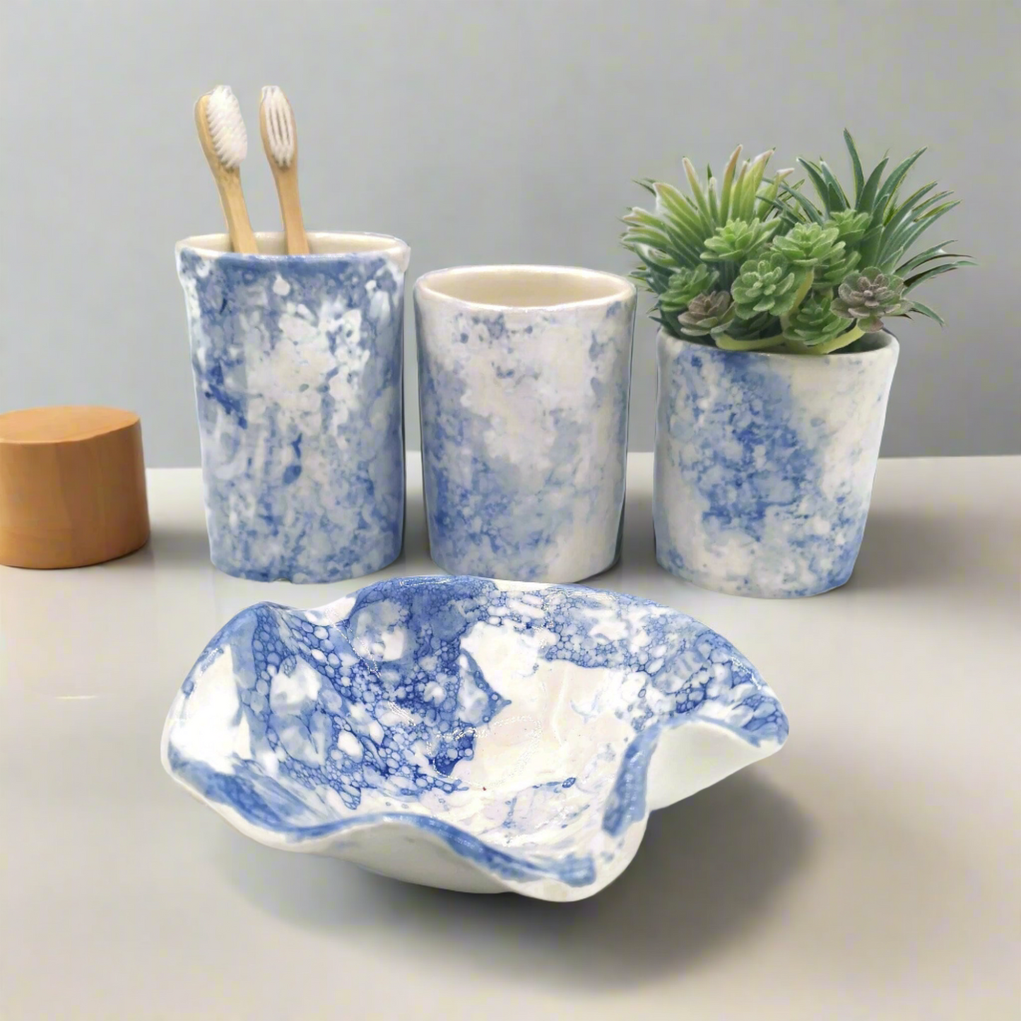 Unique Irregular Shape Handmade Ceramic Trinket Dish - White and Blue Small Clay Soap Bowl for Soap Bars