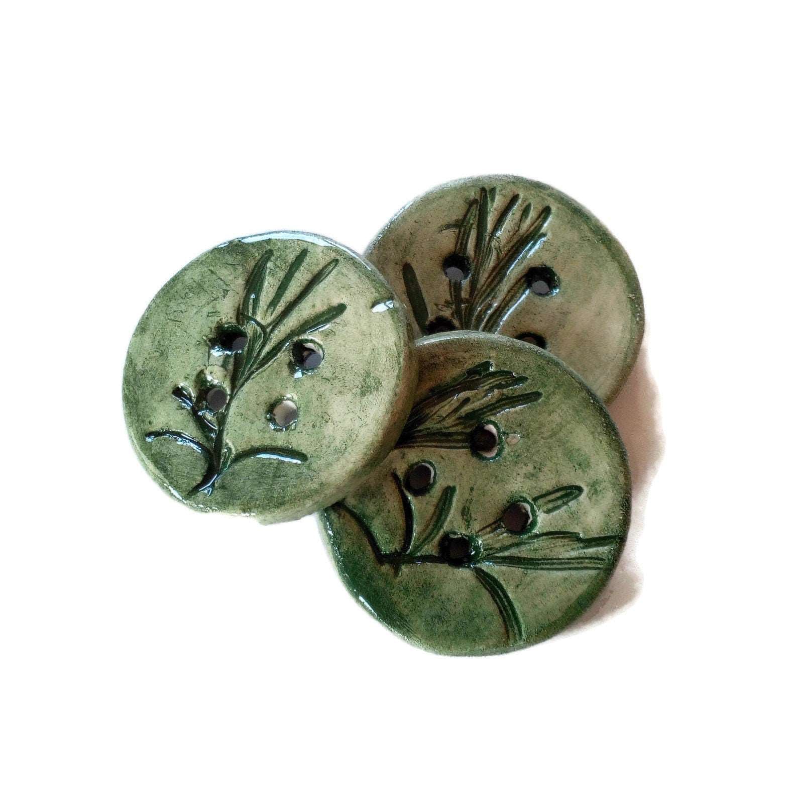 3Pcs 45mm Extra Large Handmade Ceramic Buttons, Round Sewing Buttons, Unique Rosemary Leaves Handmade Pottery Designer Buttons For Crafts - Ceramica Ana Rafael